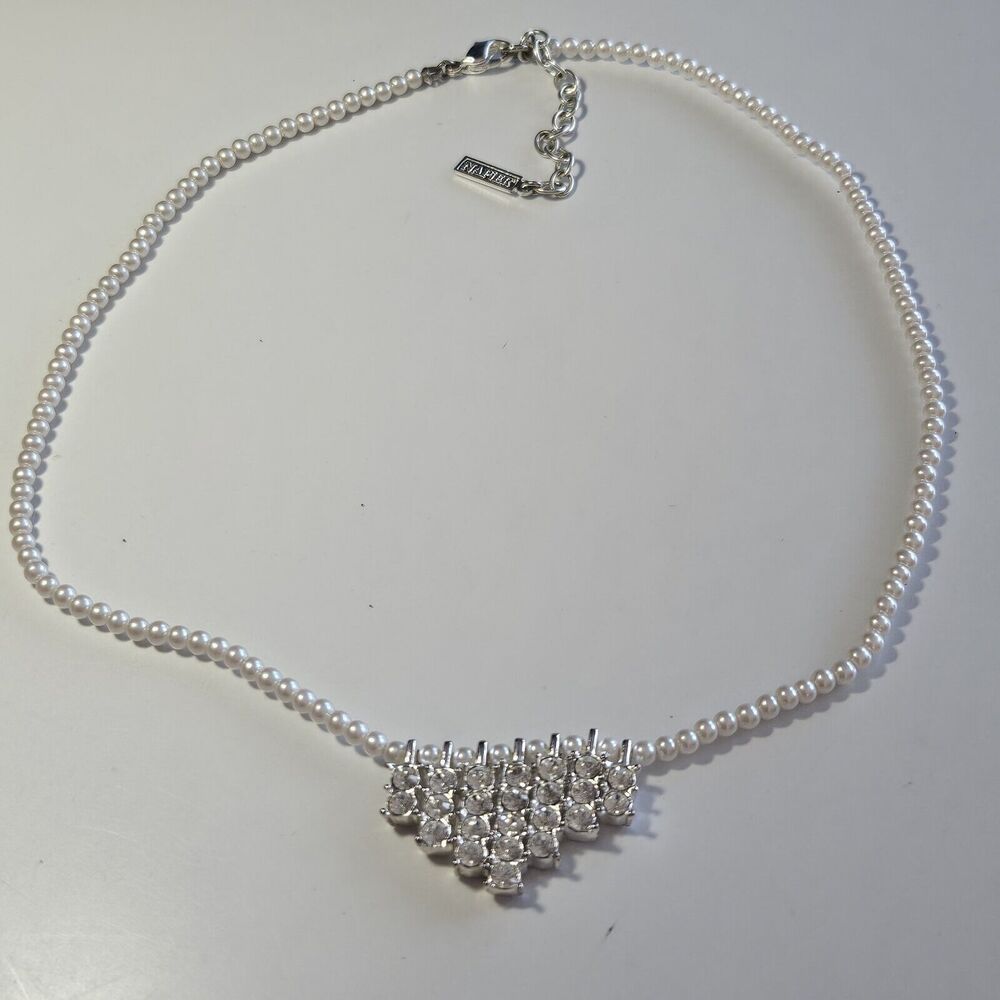 Napier Silver Tone Faux Pearl And Rhinestone Necklace 16-18" - Picture 14 of 14